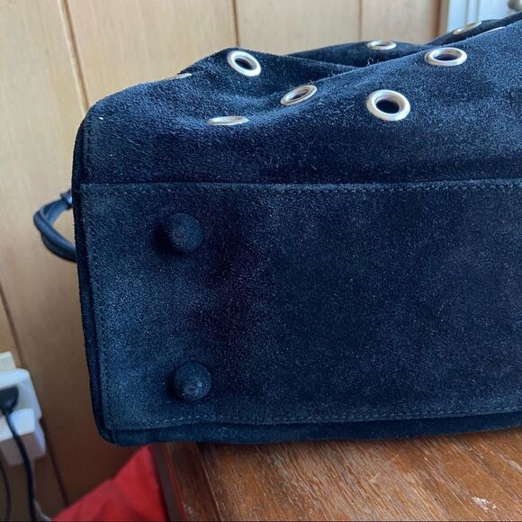 VTG 90s Jane August Luxury Black Suede Silver Grommet Eyelet Hobo Bag Purse - Picture 7 of 13